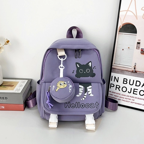 Cute Cartoon Cat Nylon Backpack With Small Fish Coin Purse Attachment For Girls Fashion Casual Travel Rucksack Bag
