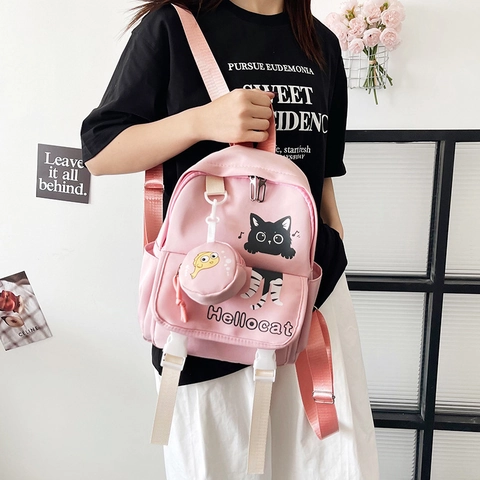 Cute Cartoon Cat Nylon Backpack With Small Fish Coin Purse Attachment For Girls Fashion Casual Travel Rucksack Bag