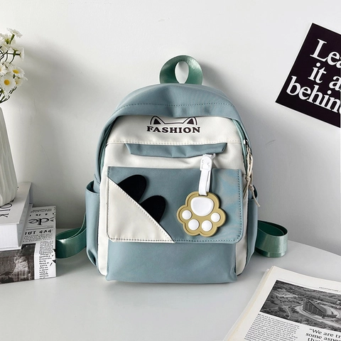 Mochila de Nailon con Orejas de Gato Lindas Mujer Color de Contraste Alta Capacidad Bolsa de Escuela con Colgante de Pata Ligera Casual