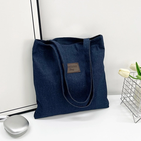 Denim Tote Bag Für Damen Große Kapazität Leinwand Schulterhandtasche Mit Kontrastnähten Und Lederpatch