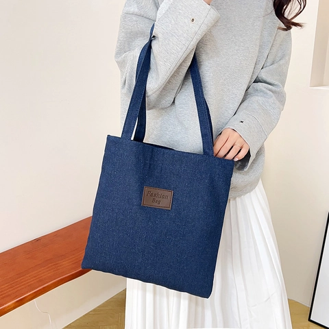 Bolso Tote de Denim de Gran Capacidad para Mujer Bolso de Hombro Informal a la Moda con Bolsillo Delantero y Costuras en Contraste HJ8825
