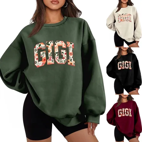 Felpa Donna Manica Lunga Girocollo Stampa Floreale Lettera GIGI Vestibilità Ampia Foderata In Pile Pullover Casual Misto Cotone