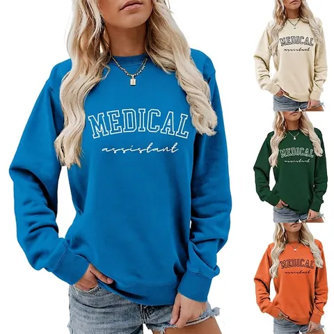 Damen Sweatshirt Und Denim Shorts Baumwollmischung Rundhals Medical Assistant Aufdruck Lässiges Pullover Outfit