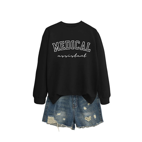 Damen Sweatshirt Und Denim Shorts Baumwollmischung Rundhals Medical Assistant Aufdruck Lässiges Pullover Outfit