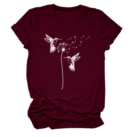Damen Casual Baumwollmischung T-Shirt Rundhalsausschnitt Kurzarm Locker Top Löwenzahn Und Zwei Vögel Druck Sommer Mode Tee