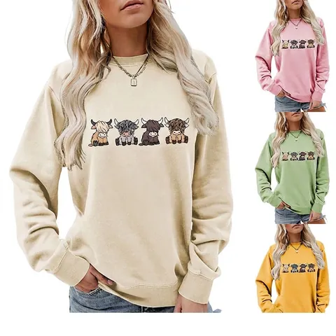 Sweatshirt Femme Col Rond Manches Longues Mélange Coton Imprimé Vache Des Highlands Dessin Animé Pullover