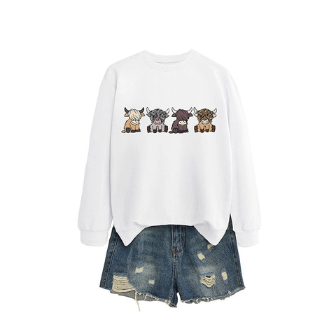 Sweatshirt Femme Col Rond Manches Longues Mélange Coton Imprimé Vache Des Highlands Dessin Animé Pullover