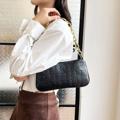 Vintage Skull Embossed Crossbody Underarm Bag Punk Gothic PU Leather Metal Chain Strap Small Square Handbag Women