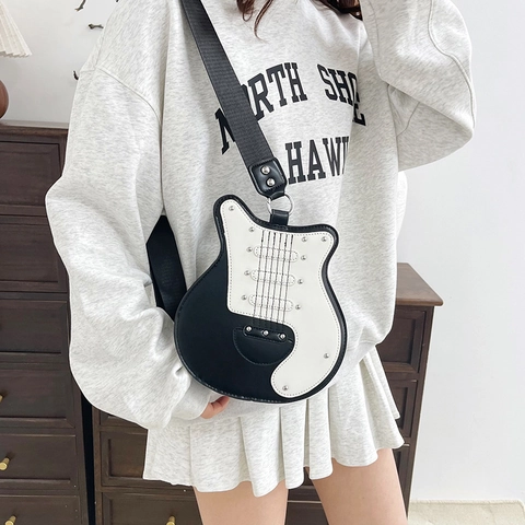 Creative Guitar Shape Crossbody Bag PU Leather Rivet Contrast Color Novelty Shoulder Bag Adjustable Wide Strap For Women
