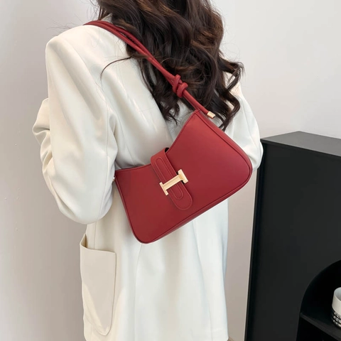 Bolso de Axila de Cuero PU Retro para Mujer Color Sólido Bolso de Hombro con Hebilla Metálica Correa de Nudo Bolso de Moda