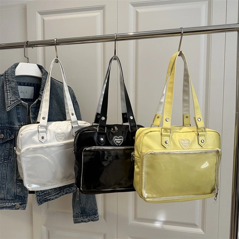 Bolso Ita de Gran Capacidad para Mujer con Ventana Transparente Piel PU Decoración Corazón Bolso de Hombro Transparente