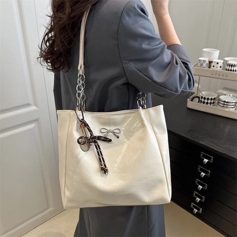 Women Large Capacity PU Leather Tote Bag With Bowknot Decor Chain Shoulder Strap Vintage Fashion Casual Commuting Handbag