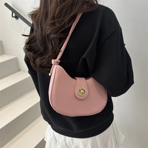 Women Fashion PU Leather Crescent Shoulder Bag Minimalist Solid Color Underarm Hobo Bag With Metal Twist Lock For Daily Commuting