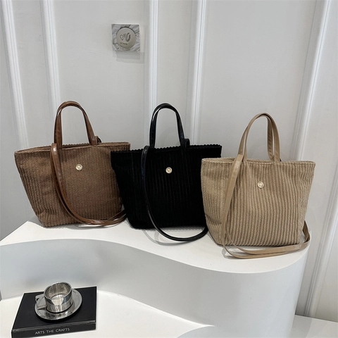 Women Large Capacity Corduroy Tote Bag Retro Minimalist Shoulder Bag Solid Color Handbag For Commute School Office