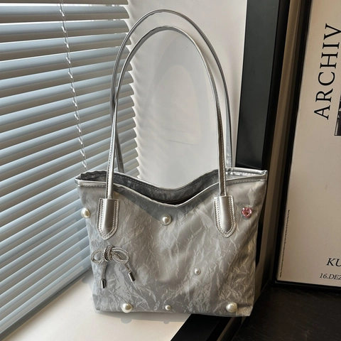 Bolso Tote de Cuero PU de Gran Capacidad para Mujer Decoración de Lazo con Perlas Artificiales Textura Arrugada Bolso de Hombro Elegante