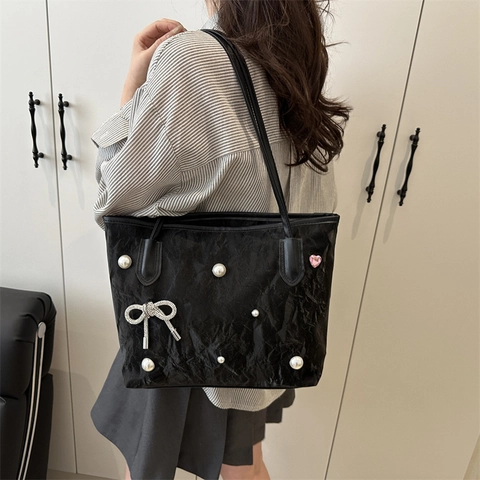 Bolso Tote de Cuero PU de Gran Capacidad para Mujer Decoración de Lazo con Perlas Artificiales Textura Arrugada Bolso de Hombro Elegante