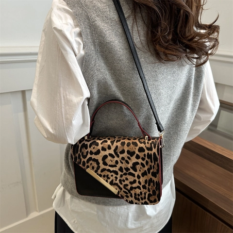 Leopard Print Patchwork Crossbody Bag For Women Vintage Contrast Color PU Leather Handbag With Gold Tone Metal Trim