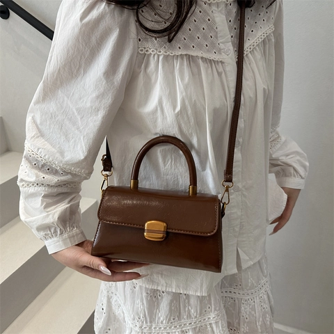 Vintage Crossbody Bag Handbag PU Leather Retro Square Top Handle Shoulder Bag For Women Minimalist Elegant