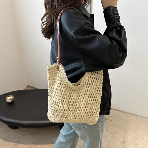 Damen Sommer Häkeln Gewebte Schultertasche Ajour Groß Baumwollmischung PU Tote Tasche Strand Lässig Mode Handtasche