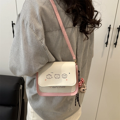 Sac Bandoulière Petit Carré Mode Pour Femmes Doux Imprimé Dessin Animé Sac à Épaule en Cuir PU Argent Métallisé Rose Quotidien