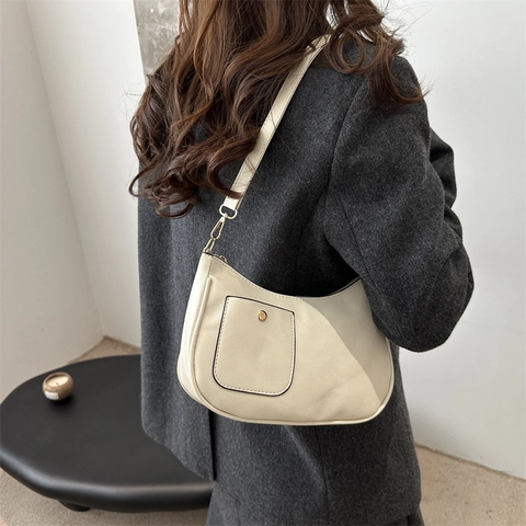 Bolso de Hombro de Cuero PU Retro para Mujer Gran Capacidad Minimalista Color Sólido Bolso de Axila para Uso Diario