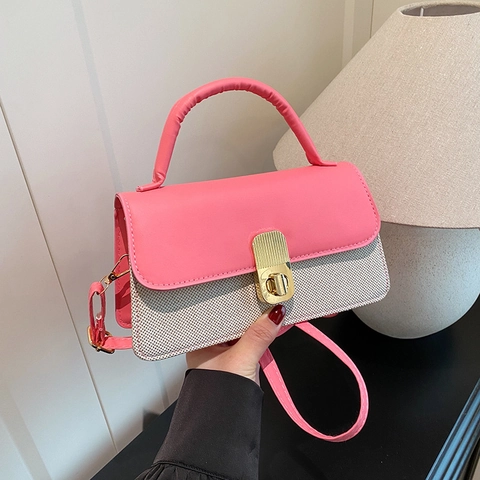 Elegante Borsa A Tracolla Da Donna In Pelle PU E Tessuto Intrecciato Chiusura Con Serratura Dorata Borsa Quadrata Retrò