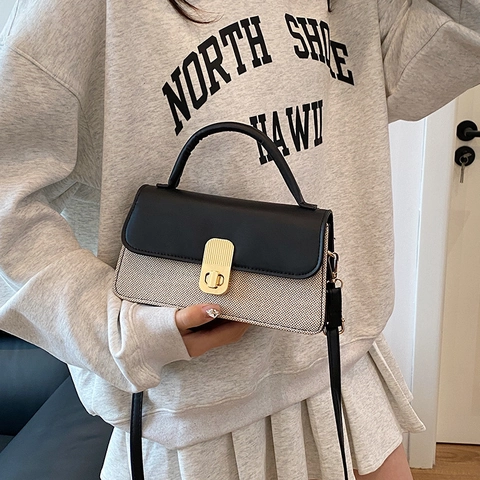 Elegante Borsa A Tracolla Da Donna In Pelle PU E Tessuto Intrecciato Chiusura Con Serratura Dorata Borsa Quadrata Retrò