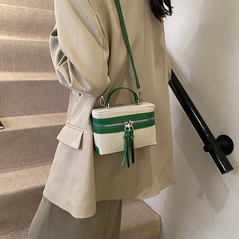 Women's Fashion Canvas Spliced PU Leather Box Bag Contrast Color Crossbody Bag With Long Tassel Zipper Casual Handbag