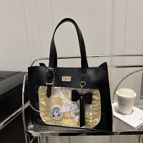 Damen Ita Bag Tote Große Kapazität PU Leder Transparentes Fenster Klares Fach Schleifen Deko Süße Schulter Umhängetasche