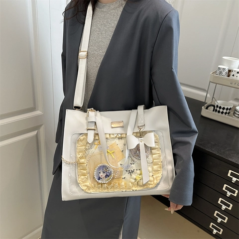 Damen Ita Bag Tote Große Kapazität PU Leder Transparentes Fenster Klares Fach Schleifen Deko Süße Schulter Umhängetasche