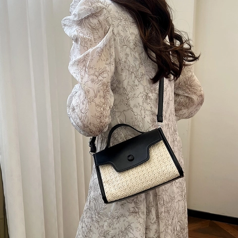 Sac à Épaule Patchwork Tissé pour Femmes Mode Cuir PU Paille Sac Bandoulière Sensation Premium Sac à Main Petit Sac Carré