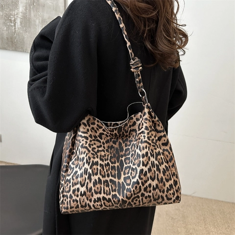Borsa Tote da Donna con Stampa Leopardata in Pelle PU Moda Grande Capacità Borsa a Spalla con Dettaglio Nodo Tracolla Quotidiana