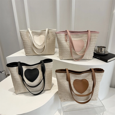 Dames Gevlochten Stro Tote Tas Grote Capaciteit Mode Schoudertas Met Hart Leren Patch Contrast Kleur Casual Stro Tas