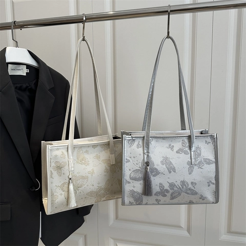 Dames Vlinderprint PU Leer Tote Tas Met Kwastjes Hanger Grote Capaciteit Schoudertas Mode Casual Minimalistische Handtas