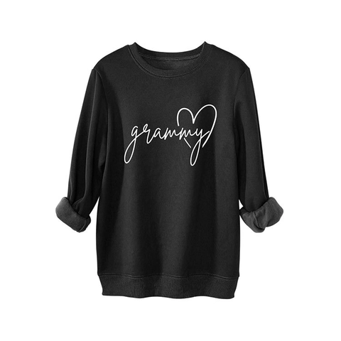 Women Sweatshirt Cotton Blend Round Neck Long Sleeve Oversized Fleece Grammy Heart Print Casual Loose Streetwear