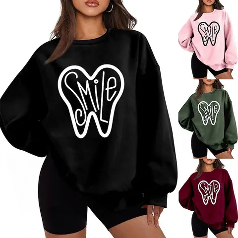Felpa Donna Stampa Grafica Smile Dente Girocollo Manica Lunga Pullover Ampio Casual Foderato In Pile Streetwear Pesante Caldo Top