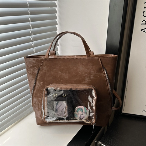 Women Large Capacity Ita Bag PU Leather Clear Window Tote Bag Cute DIY Display Shoulder Bag Campus Style Fashion Handbag