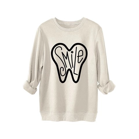 Felpa Donna Stampa Grafica Smile Dente Girocollo Manica Lunga Pullover Ampio Casual Foderato In Pile Streetwear Pesante Caldo Top