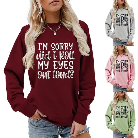 Felpa da Donna Casual a Maniche Lunghe Girocollo in Misto Cotone Pullover Largo con Slogan Divertente Stampato Streetwear