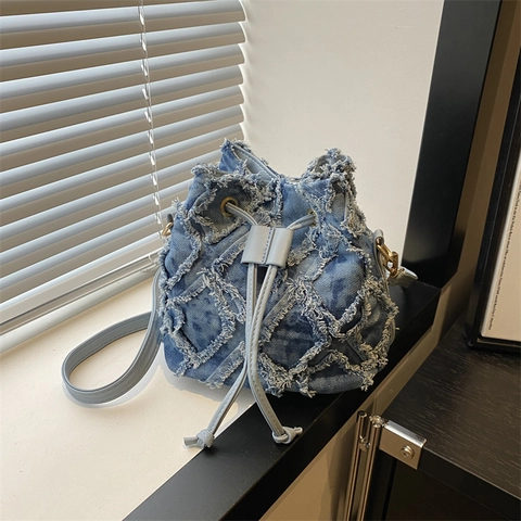 Borsa Secchiello Denim Donna Trapuntata Rombo Bordi Sfilacciati Coulisse Borsa Tracolla Retro Blu Tracolla PU