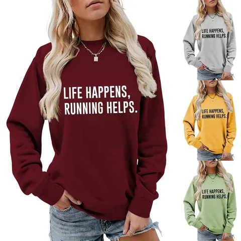 Sudadera Casual de Mezcla de Algodón para Mujer Cuello Redondo Manga Larga Estampado Slogan Pullover Deportivo Otoño Primavera
