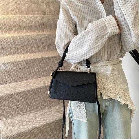 French Vintage PU Leather Embossed Floral Crossbody Small Square Bag With Knotted Handle For Women Fashion Commute Tote Bag