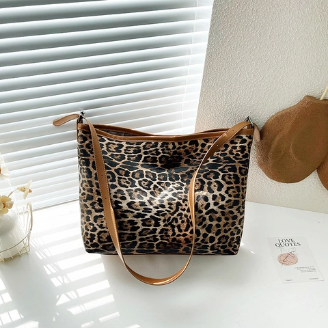Mode Leopardenmuster PU Leder Tragetasche Große Kapazität Umhängetasche Mit Steppnähten Für Damen Casual Pendler Handtasche
