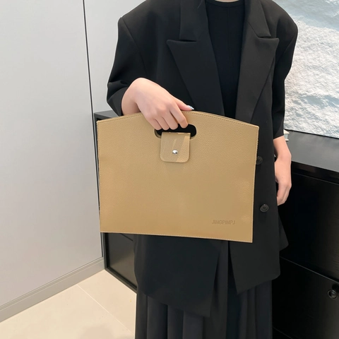 Bolsa para Computadora Portátil de Cuero PU Minimalista para Mujer Gran Capacidad Grano de Lichi Bolso de Mano de Negocios