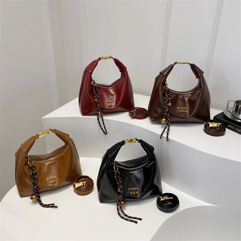 Vintage PU Leather Underarm Bag For Women Fashion Glossy Solid Color Shoulder Bag With Detachable Strap Elegant Pendant
