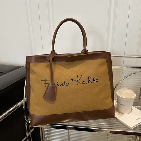 Vintage Canvas And PU Leather Tote Bag Artistic Script Print Contrast Color Shoulder Handbag For Women Daily Shopping Work