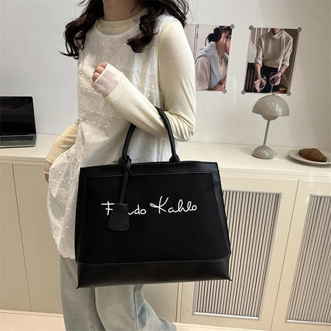 Bolso Tote de Lona Vintage de Gran Capacidad para Mujer Bolso de Mano con Costuras Artísticas Retro Bolso de Hombro en Color de Contraste para Viaje Diario