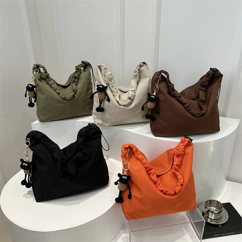 Bolso de Hombro Plisado Casual para Mujer Correa Fruncida Gran Capacidad Nylon Lona Cordón Color Sólido Moda Bolso Hobo