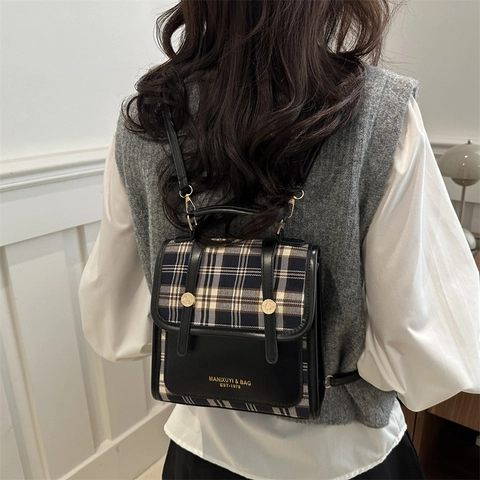 Retro Plaid PU Leather Backpack Crossbody Bag With Rabbit Pendant Contrast Color British Style Fashion For Women