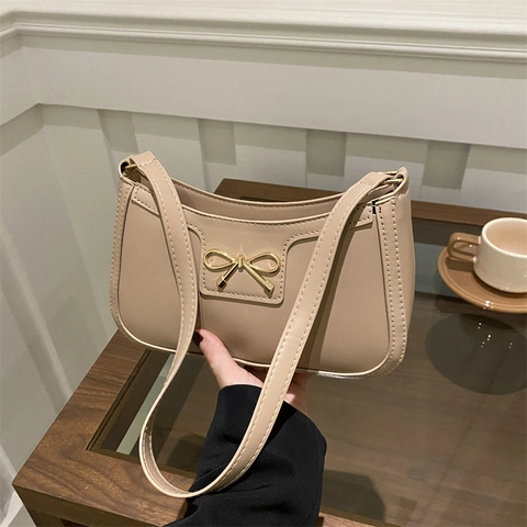 Women PU Leather Underarm Bag With Gold Bow Metal Decor Crescent Shoulder Hobo Bag Vintage French Style Daily Handbag
